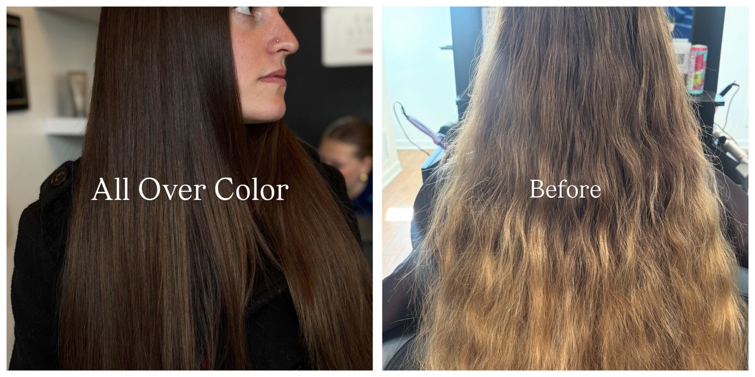 Hair gloss vs hair color results at The Red Stiletto Salon and Spa in Fort Wayne