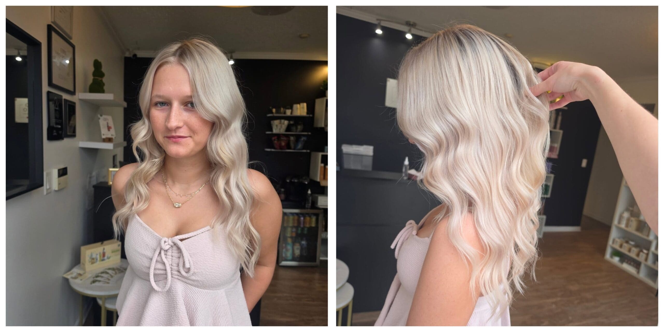 Woman with healthy long lasting professional hair color at The Red Stiletto salon in Fort Wayne